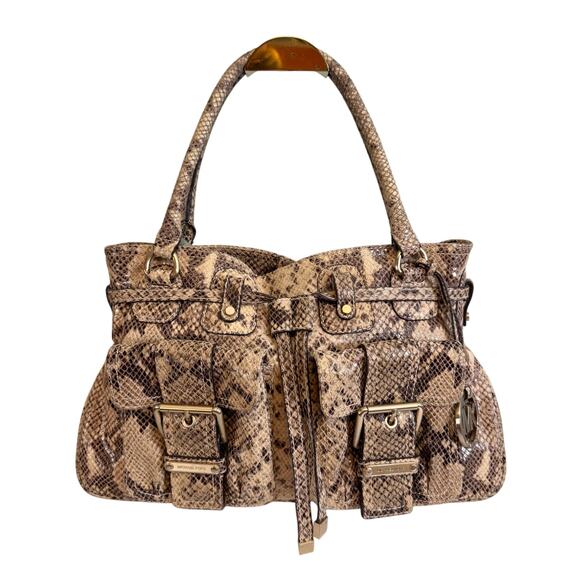 Michael Kors Satchel Shoulder Handbag Brown Tan Python Buckle Double Top Handles - Picture 1 of 12